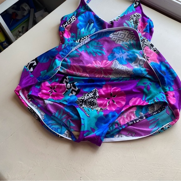 Vintage Maxine of Hollywood Swim Dress Woman Large Tropical Floral Resort Retro - Picture 8 of 16